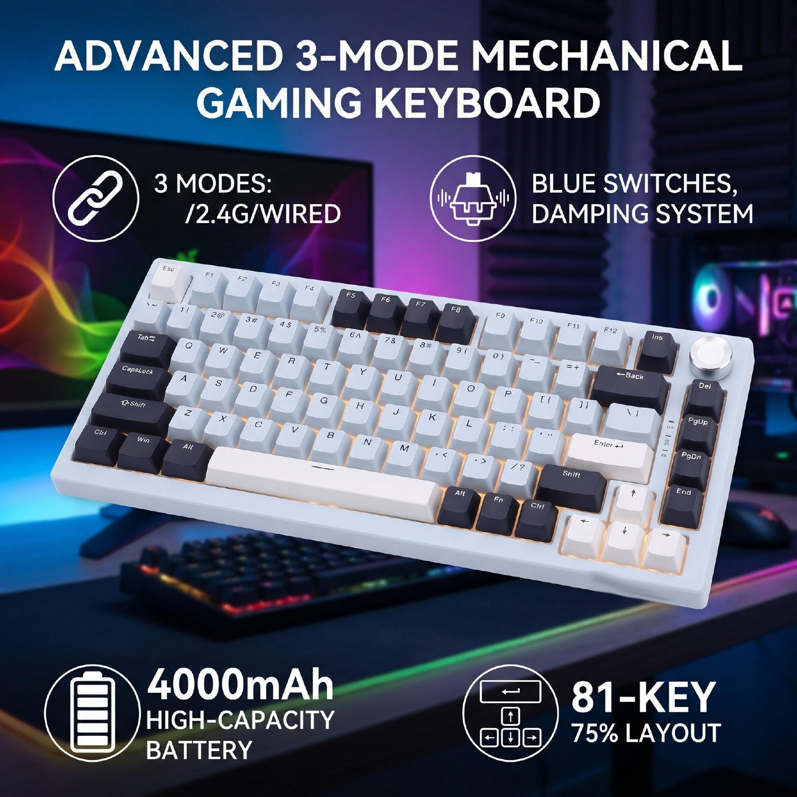 Luocute Tastiera Meccanica Wireless, Layout 81 Tasti 75% con Interruttore POM Blu 16 Milioni di Retroilluminazione RGB PBT Struttura Guarnizione Sostituibile a Caldo, per PC Portatile da (Blu Islanda)
