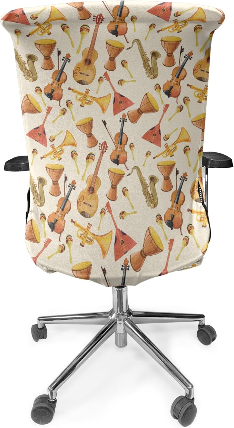 Ambesonne Jazz Music Office Chair Cover, Pattern with Horn Drum Guitar and Fiddlestick Folk Music Ensemble Instruments, Stretchable Decorative Universal Size High Back Printed Slipcover, Beige Ginger