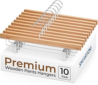 SMARTOR Natural Wooden Pants Hangers 10 Pack, Heavy Duty Wood Skirt Hangers with 2-Adjustable Clips and 360° Swivel Hook, Space Saving Clip Hanger for Shorts, Slacks, Jeans, Trousers