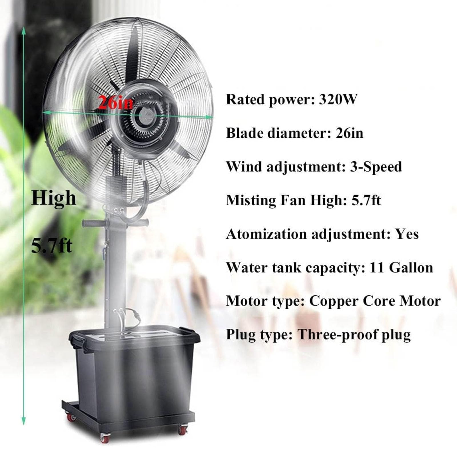 Ventilador industrial de pedestal de 66 cm, ventilador de nebulización de alta velocidad con 3 velocidades, rociador de agua oscilante para uso en interiores e invernaderos