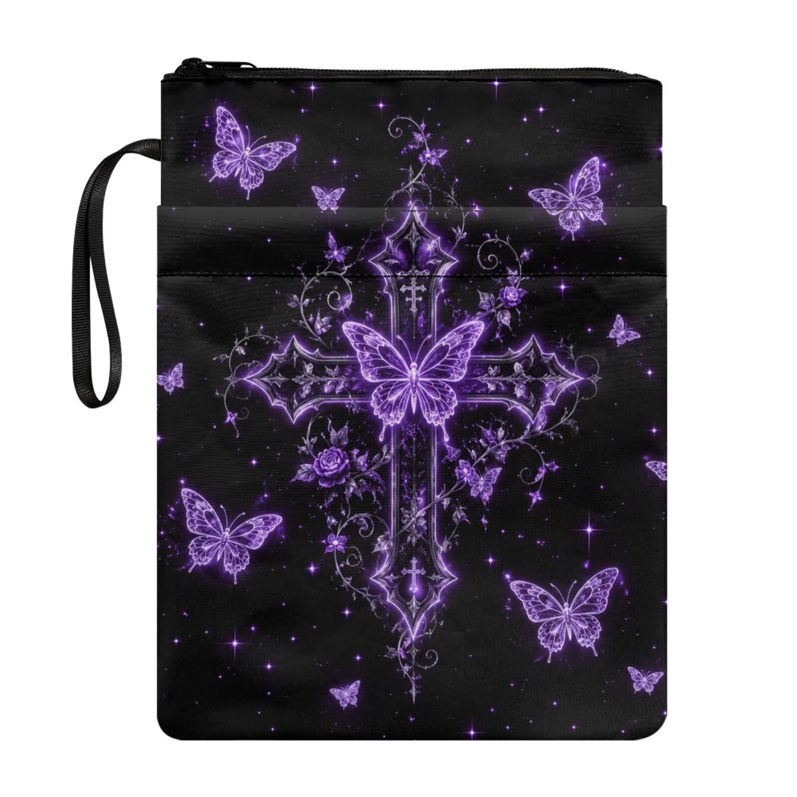 Poceacles Book Cover Washable Fabric Book Sleeve Protector with Extra Pocket for Paperbacks Notebooks Hardcovers, Cross Butterfly Violet — image 1