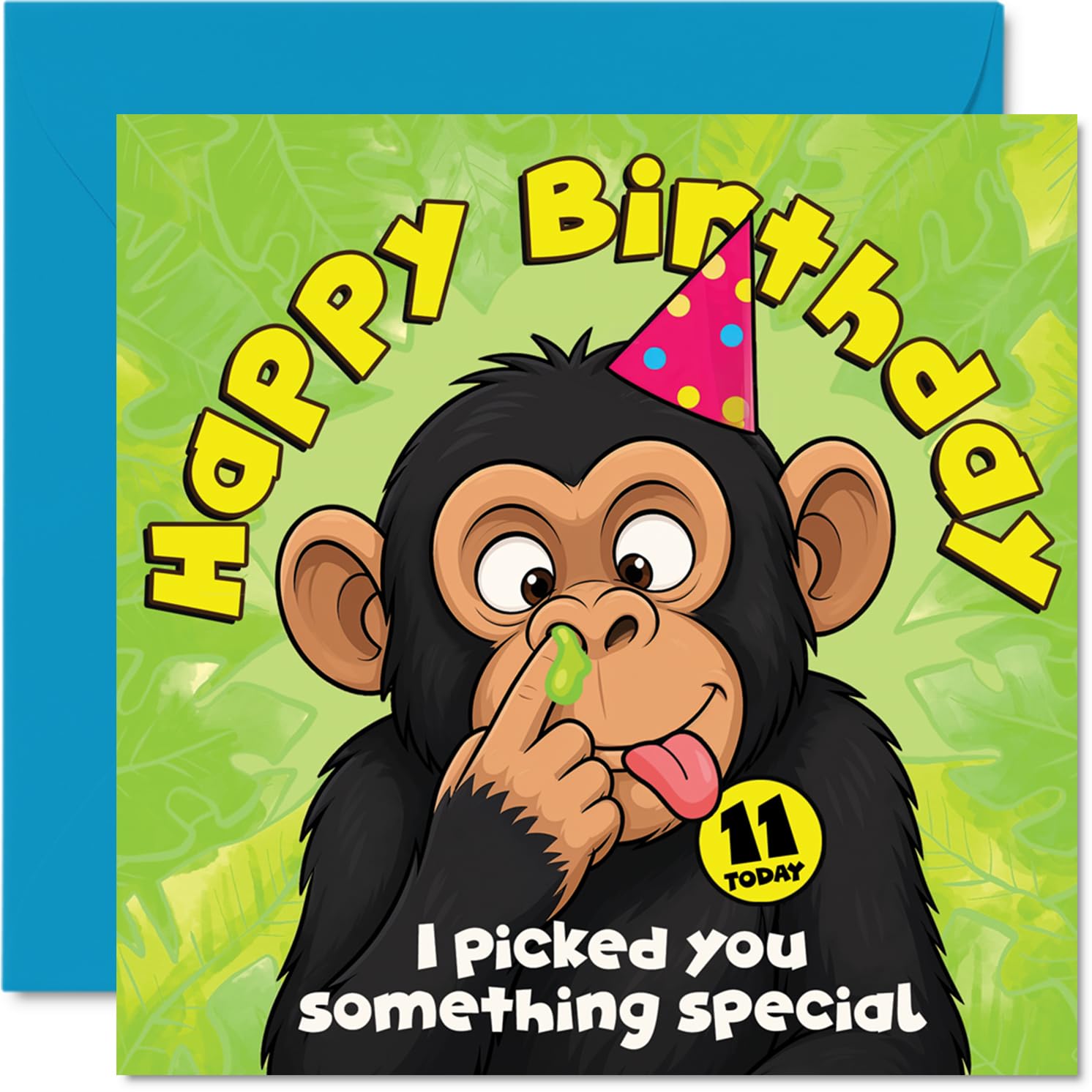 Cheeky 11th Birthday Card - Pick of the Bunch Birthday Laughs - Cartoon Monkey in Party Hat, Nose-picking Mischief - 145mm Square, Envelope Included