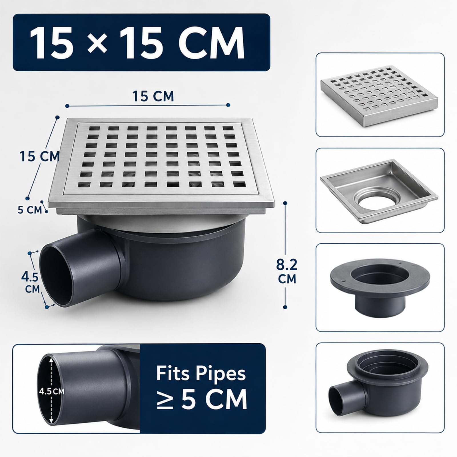 Sifone a Pavimento Scarico Doccia Inox 304 Griglia Anti-Odore Tubo DN50