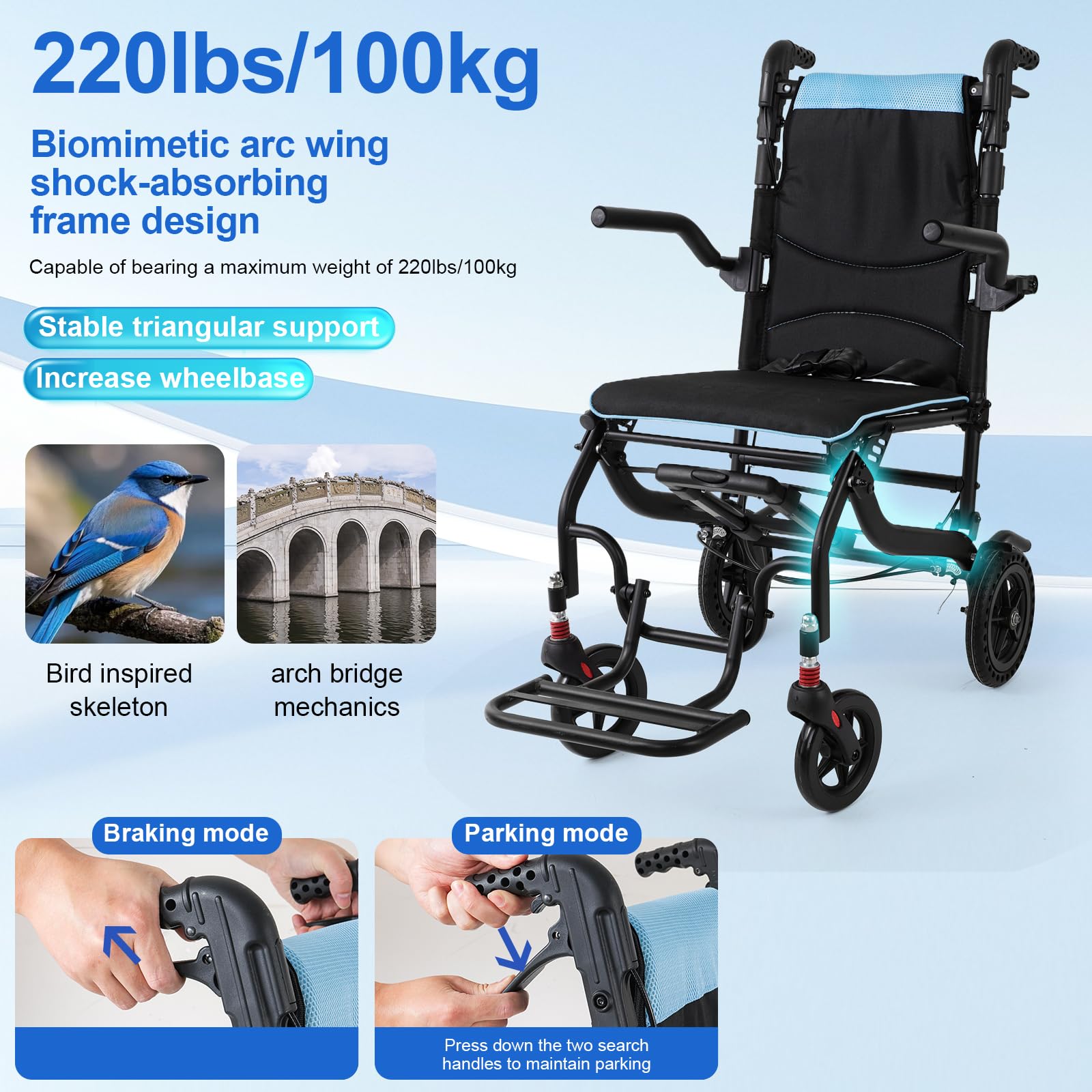 Fauteuil Roulant pliable léger, avec manche télescopique, Hauteur réglable,Poids 11kg, pliable, Holds 100kg, Largeur Max 55cm étroit pour les personnes âgées, Voyage