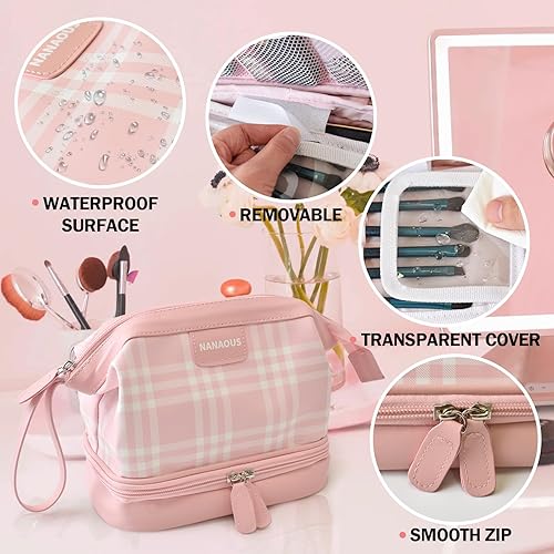 Miniatura 3 de Bolsa de maquillaje de cuero, bolsa de cosméticos de viaje, bolsa de maquillaje a cuadros rosa de gran capacidad con compartimentos, bolsas de aseo
