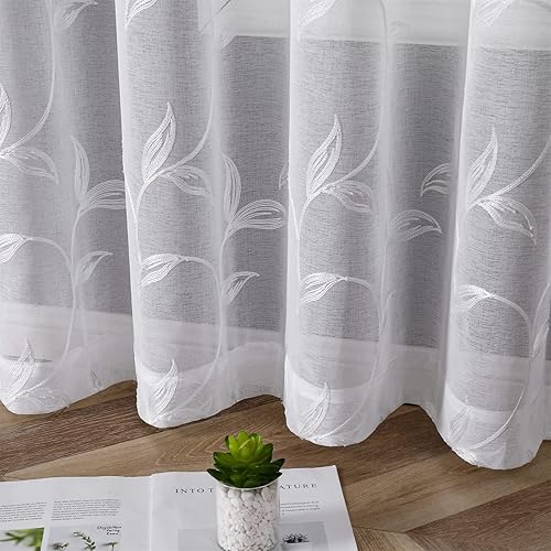 Miniatura 6 de VISIONTEX Cortinas traslúcidas blancas de 84 pulgadas de largo, juego de 2 paneles bordados con patrón de hojas florales y bolsillo para barra,