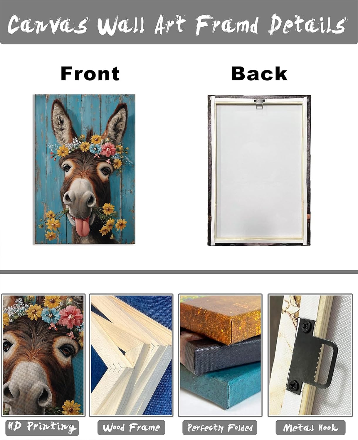 Donkey Canvas Wall Art Rustic Donkey with Daisy Picture Funny Farm Anima Painting Prints for Farmhouse Kitchen Bathroom Living Room Decor Framed - 12.00"x18.00" image 5
