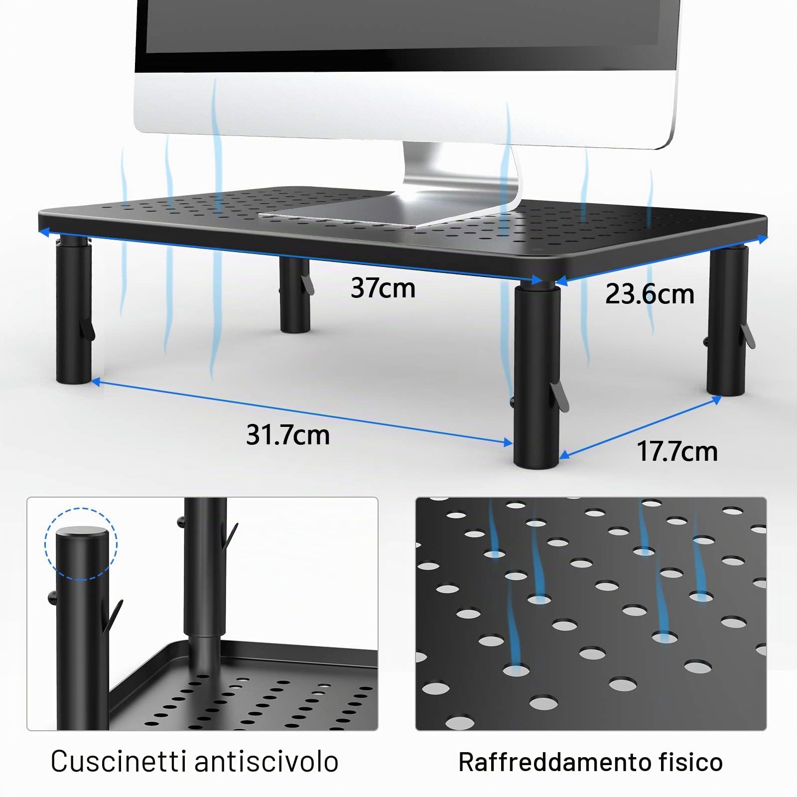 HUANUO Supporto per monitor - Supporto per computer portatile ergonomico e regolabile in 3 altezze con piattaforma a rete per laptop, computer, iMac, PC, stampante fino a 20 kg