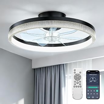 AKOFUN 18" Ceiling Fans with Lights and Remote, Low Profile Flush Mount Ceiling Fan with Light, 3000-6500K Dimmable LED Fan Light, Modern Bladeless Fandelier Ceiling Fans for Bedroom, Black Dot