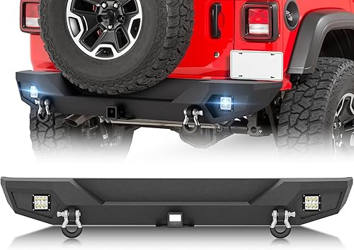 Miniatura 13 de Parachoques trasero para Wrangler JK JKU con portador de neumáticos de repuesto compatible con Jeep Wrangler JK JKU 2007-2018 con 2 luces LED,