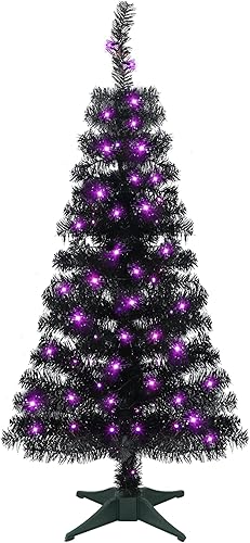 Juegoal Árbol de Navidad artificial iluminado de Halloween, árboles de pino de Navidad de oropel negro iluminado de 4 pies con 70 luces LED moradas,