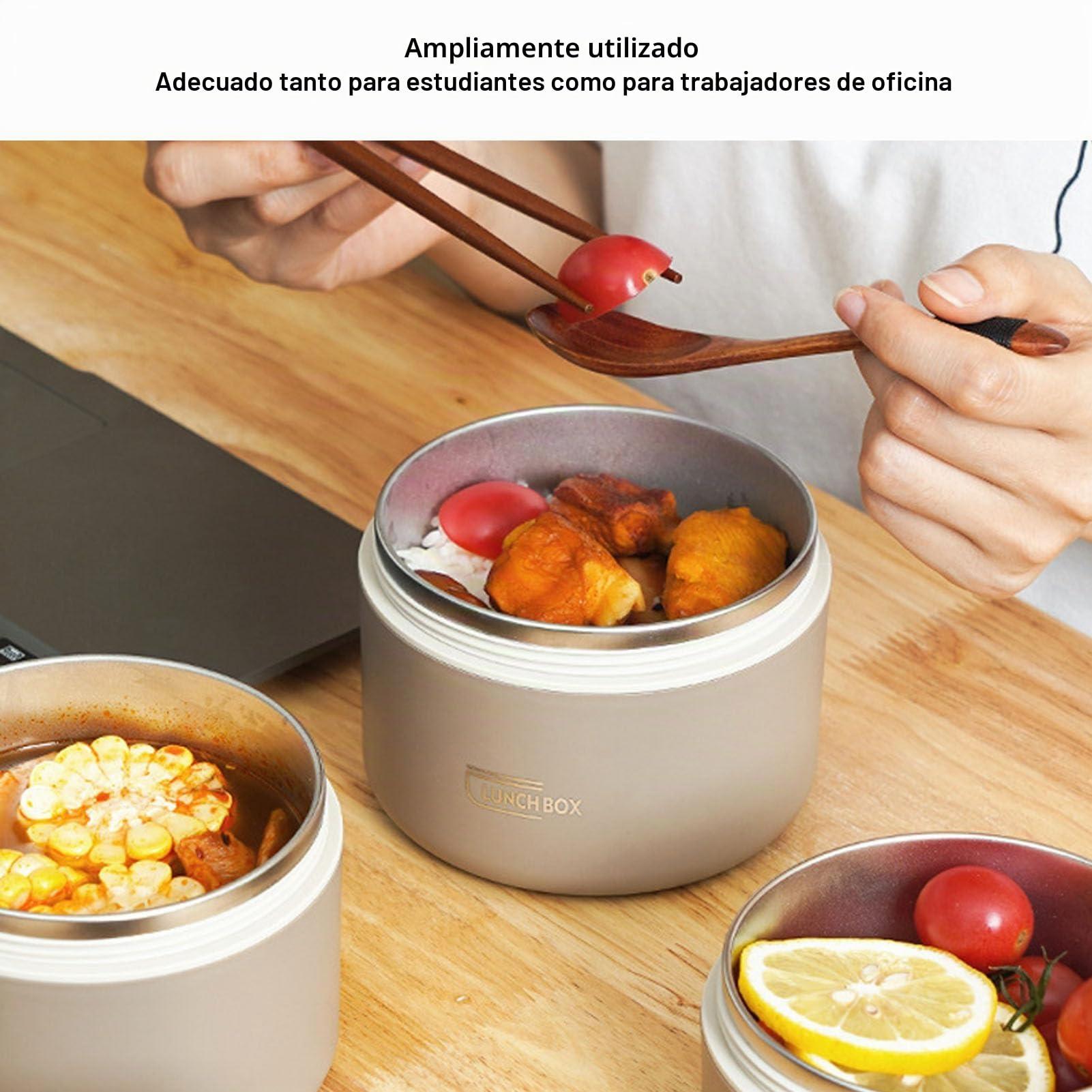 Tarro de Comida Aislado, Contenedor de Almuerzo Aislado de Acero Inoxidable 304, Lonchera Caliente Bento Al Vacío Portátil a Prueba de Fugas con Tapa y Bolsa Térmica, Termo (4
