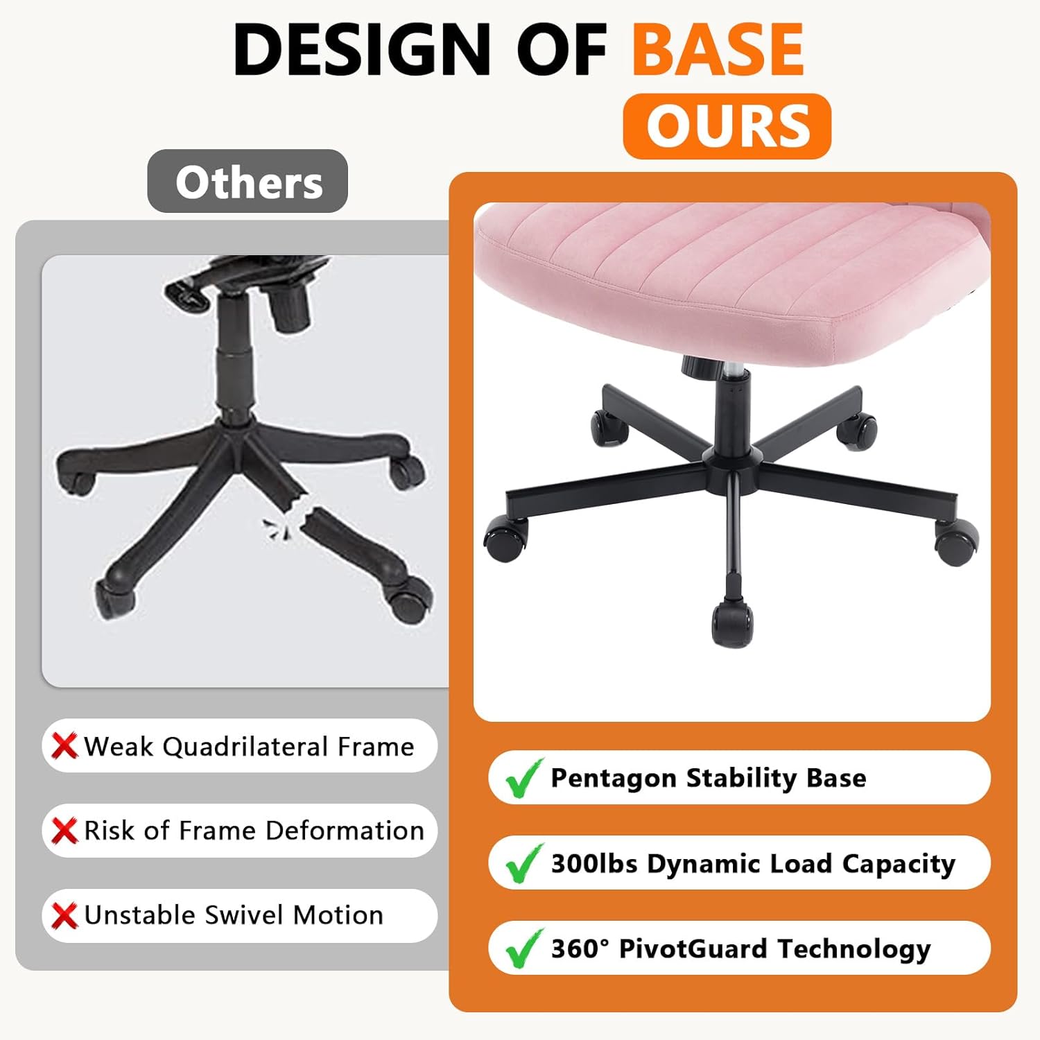 Criss Cross Chair with Wheels, Vanity Chair with Adjustable Back/Hight & Wide Seat, Armless Cross Lgged Office Chairs for Vanity Home Office Computer, Velvet, Swivel, Easy Assembly (Pink)