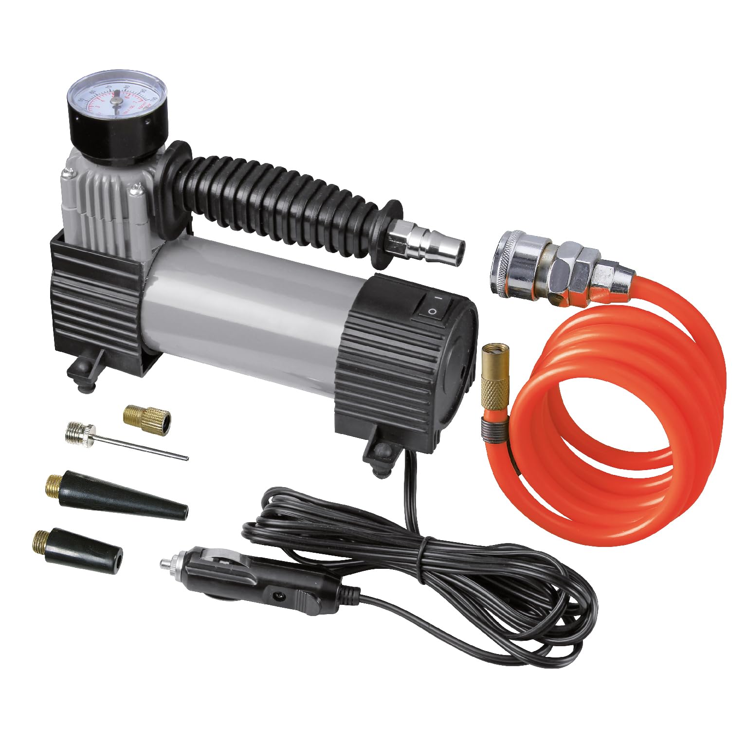 Valex Minicompressore MET21 12V da Auto – 7 Bar, Pistone 30 mm, Corpo in Metallo, Presa Accendisigari, con Manometro e Kit Ugelli