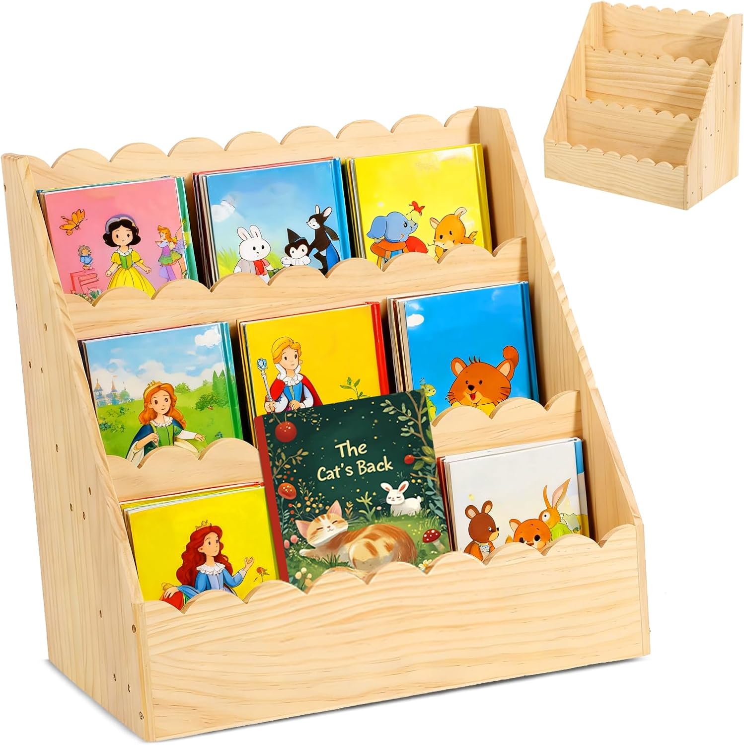 Bookcases Scalloped Book Shelf for Kids 3-Tier Wooden Bookshelf Montessori Style Display Shelf Durable Bookcase Book Organizer for Nursery, Room Bedroom, Playroom for 1-5 Years Toddler, 16.5” x 10.6”