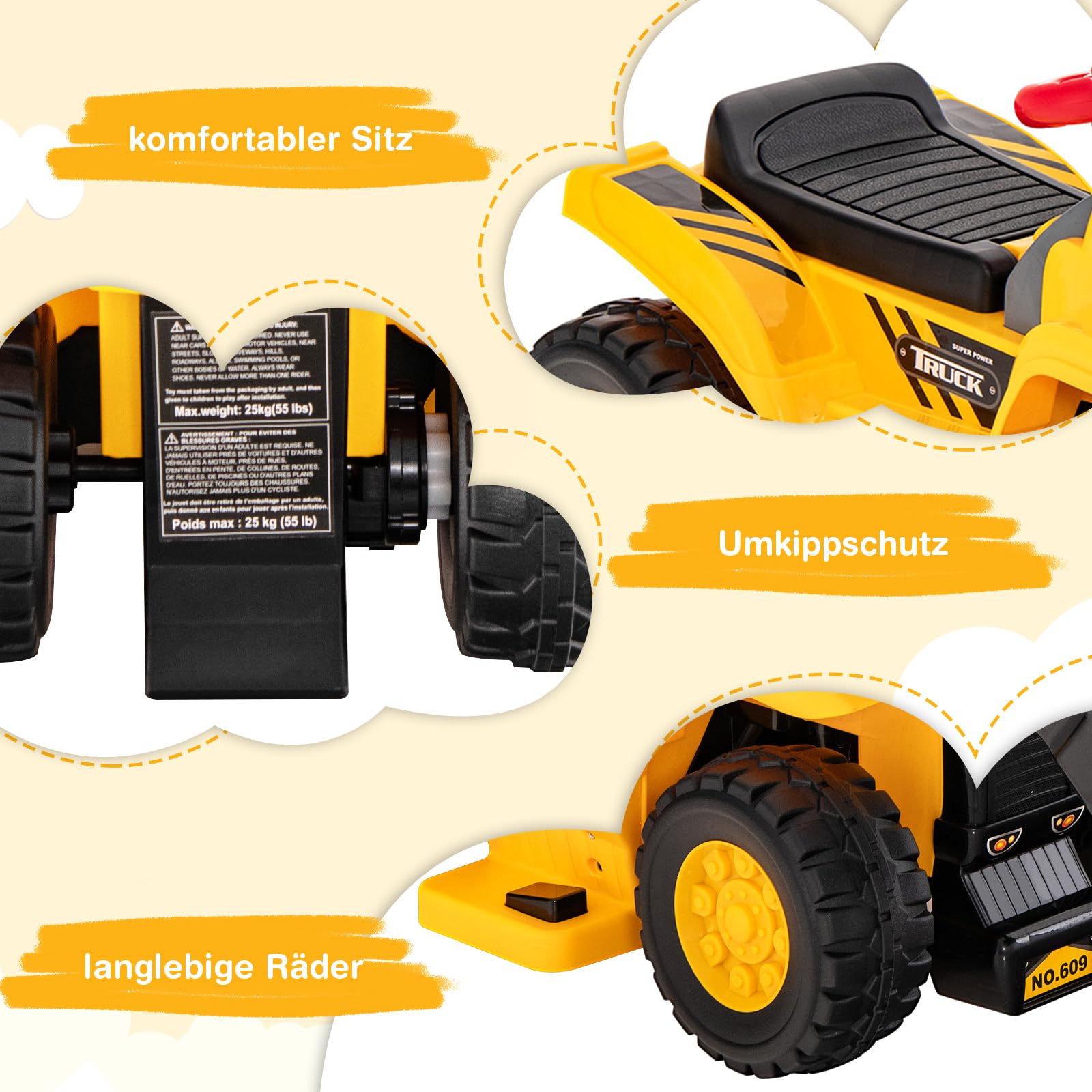 COSTWAY Sitzbagger, Kinderbagger elektrisch mit verstecktem Stauraum & Basketballkorb & 4 Sound-Tasten & 3 Bällen, Bagger zum draufsitzen, Sandbagger Aufsitzbagger für Kinder ab 2 Jahren