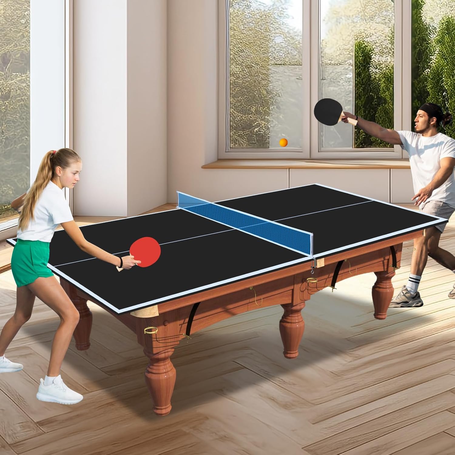 IUNNDS Table Tennis Top for Pool Table, 6ft/7ft/8ft/8ft/8.5ft/9ft Foldable Table Tennis Table for Pool Table, Table Tennis Conversion Top with Net (Blue, 9x5ft,8ft Billiard Table)