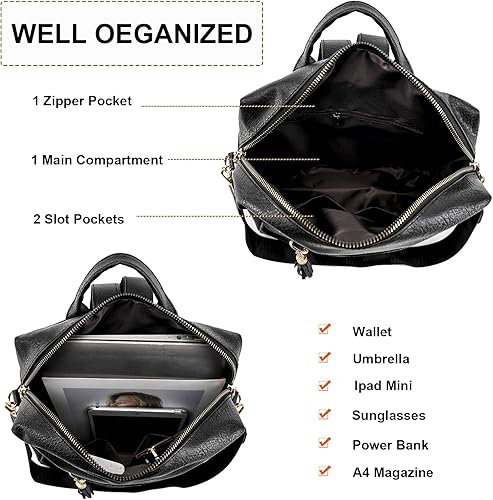 Miniatura 4 de Kabanmate Bolso tipo mochila para mujer, bolso de hombro convertible de piel sintética a la moda para mujer, Negro -, Mochilas Daypack