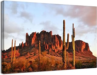 Superstition Mountain Wall Art for Living Room Arizona Western Landscape Wall Decor Desert Cactus Canvas Pictures Nature Sunset Mountains Scenery Painting Artwork Office Bedroom Home Decoration 12x16"