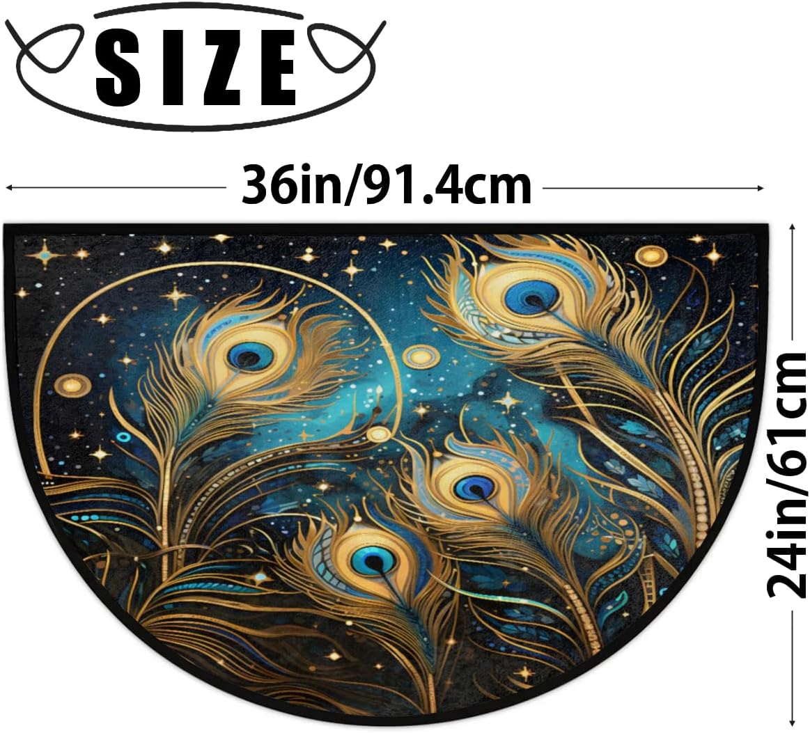 Peacock Feather Funny Half Round Door Mat Non-Slip Absorbent Entrance Welcome Mat for Indoor Washable Semi Circle Floor Mats Area Rugs for Home Kitchen Patio 36x24 Inch