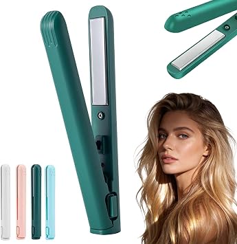 2 in 1 Mini Curling Iron, Mini Curling Tongs for Short Hair, Wireless Curling Iron 2 in 1 Straightener Curler, USB Plug-in Small Hair Straightener, Heats Up Fast,for All Hair Types Green