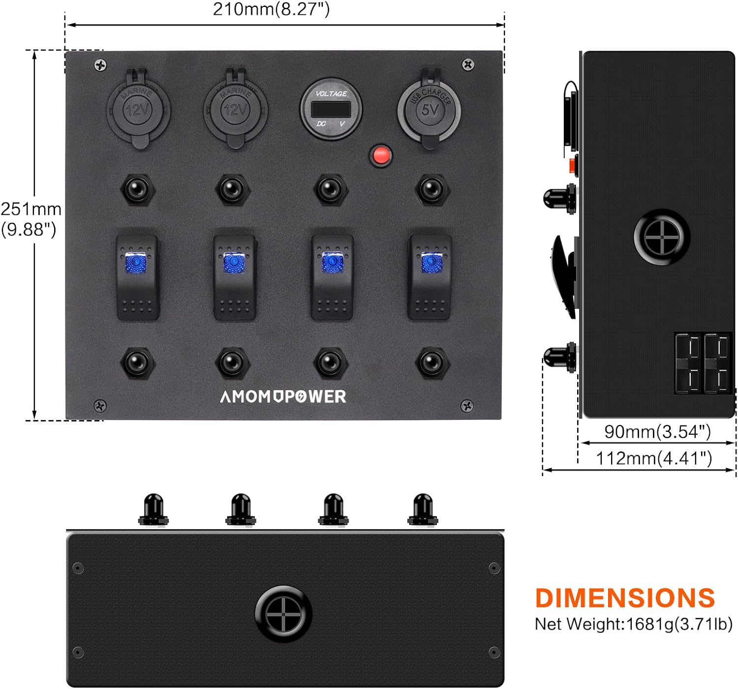 12/24V 4 Gang Rocker Switch Control Box Power Distribution Center Electric Power Control Multi functional power output port Pre Wiring with Voltmeter for RV Pickup Trucks Boat 4WD Caravan Marine