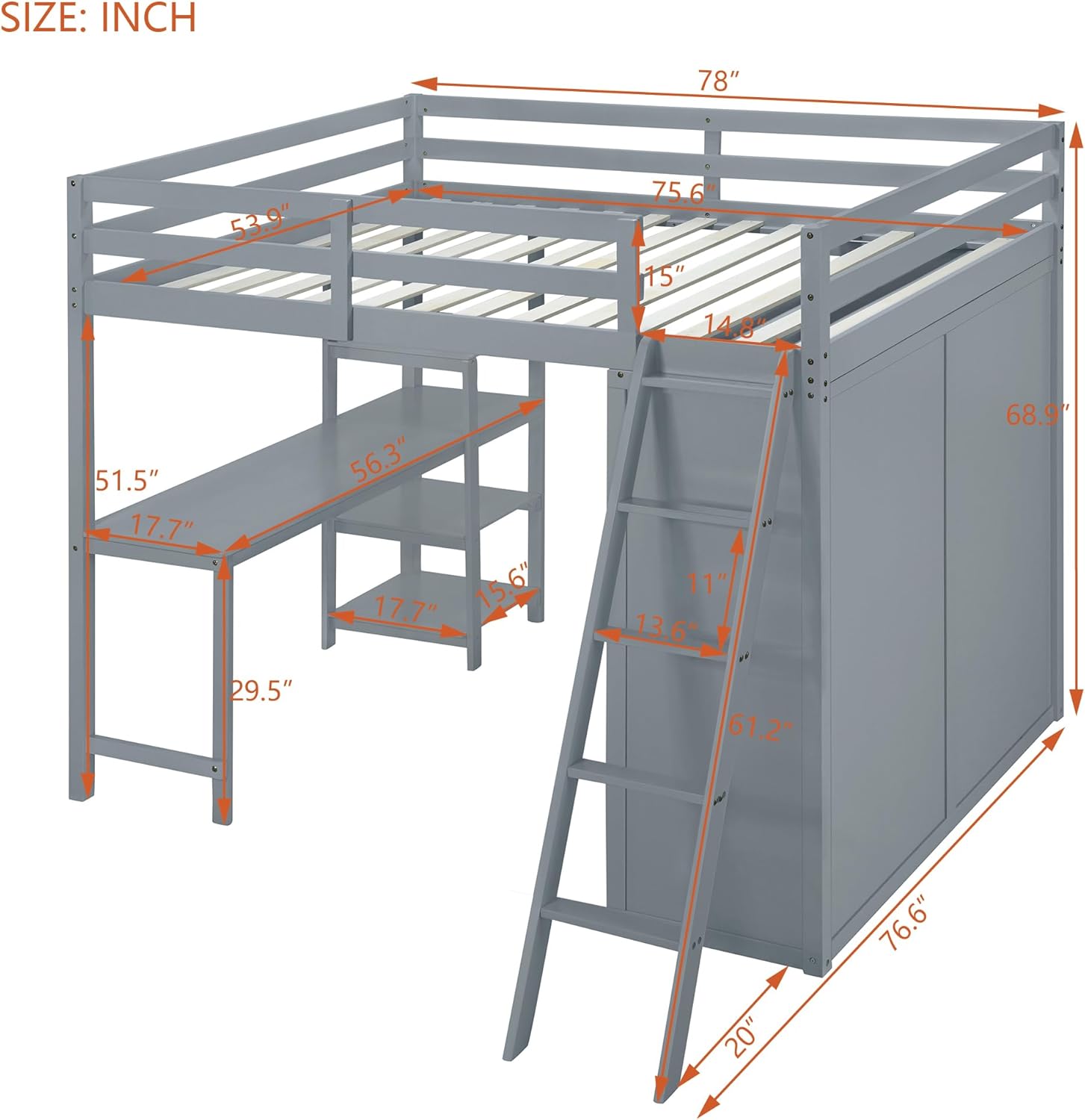 Loft bed dimensions diagram (angled view)