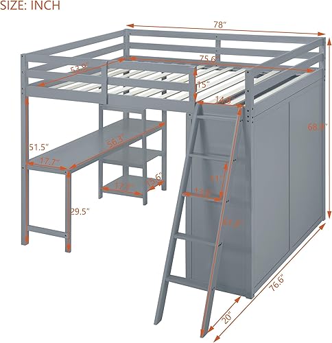 Miniatura 65 de Cama alta funcional tamaño individual con 2 cajones y 2 armarios, base de cama de madera maciza con barandilla de seguridad y escalera de