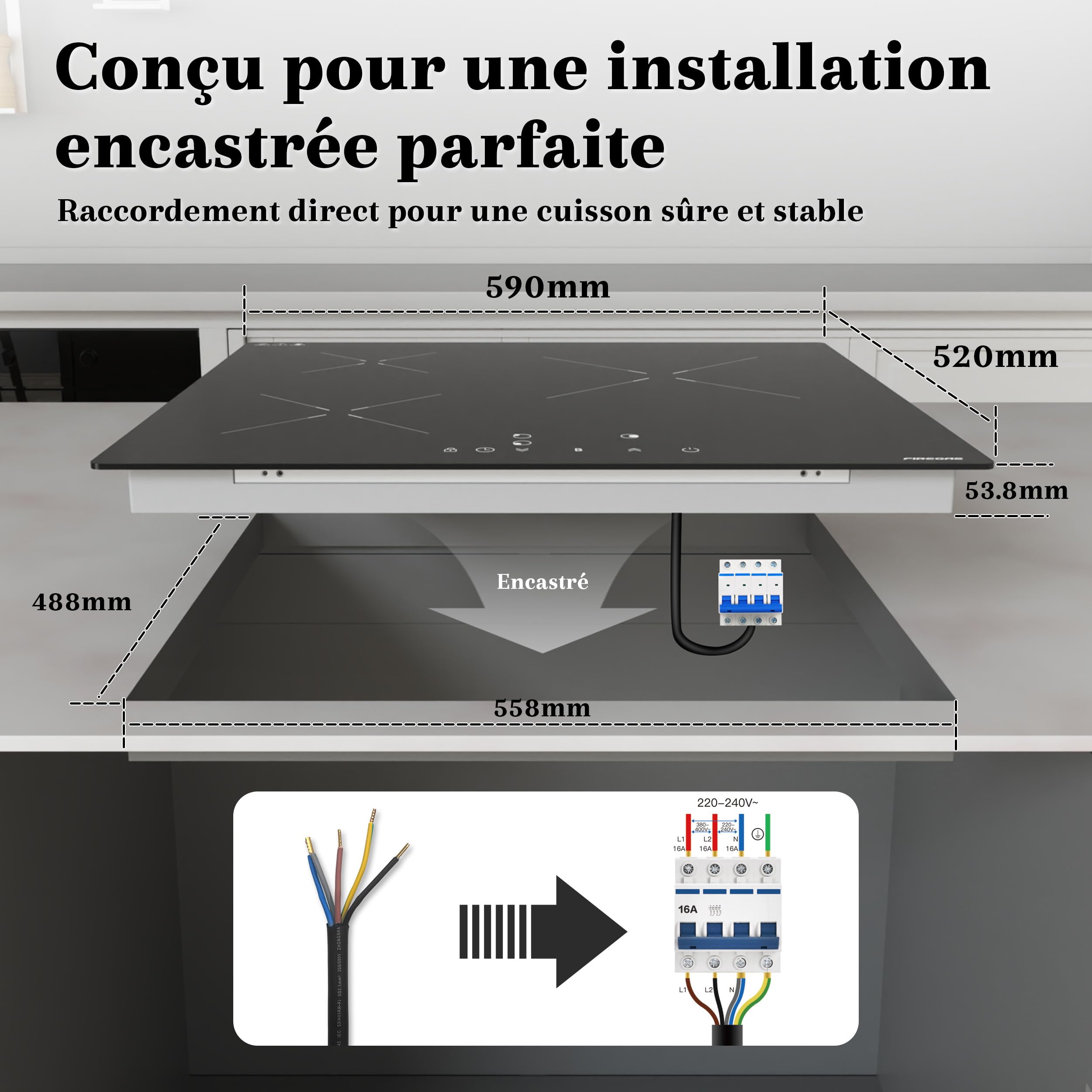 FIREGAS Plaque à Induction 3 Foyers Encastrable 7400W, Commande Tactile, Booster, Minuterie, Sécurité Enfant, Raccordement Électrique Fixe - 3