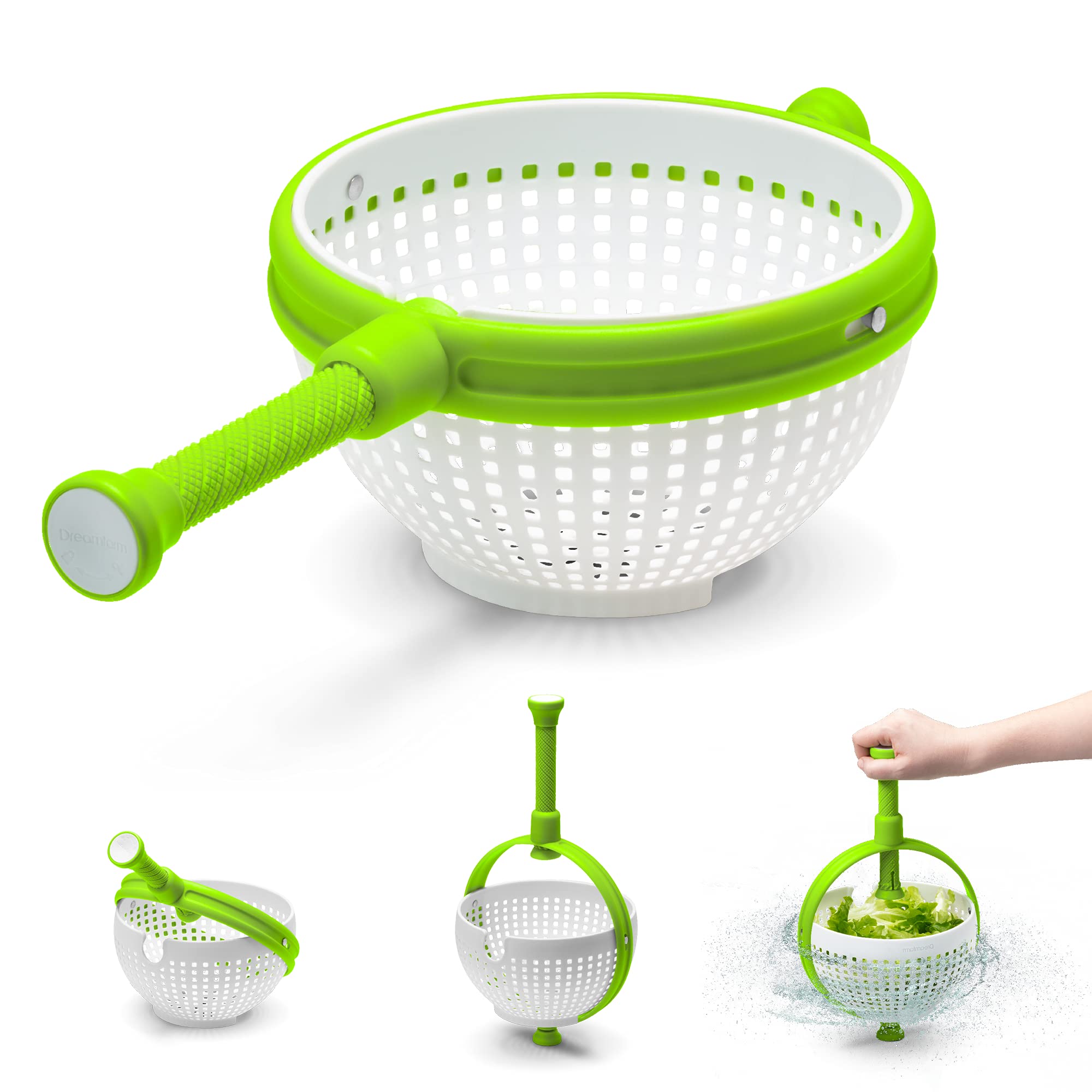 Dreamfarm Spina - Colador de ensalada plegable 2 en 1, fácil de usar, para ensaladas, frutas, verduras, lechuga, color blanco/verde | Colador para ensaladas, verduras, bayas y pasta, antideslizante, mango de fácil agarre, color blanco y verde