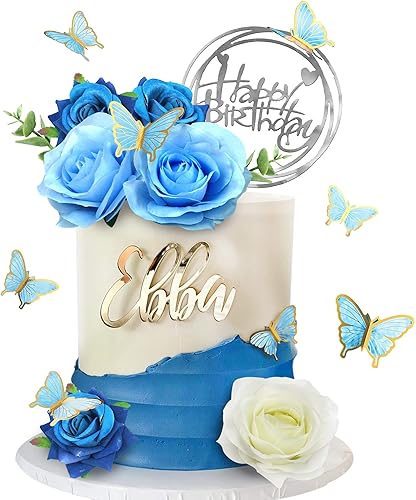 Miniatura 6 de 19 adornos para tartas de flores, decoración de pastel de feliz cumpleaños con rosas azules artificiales, mariposas de eucalipto para fiestas,