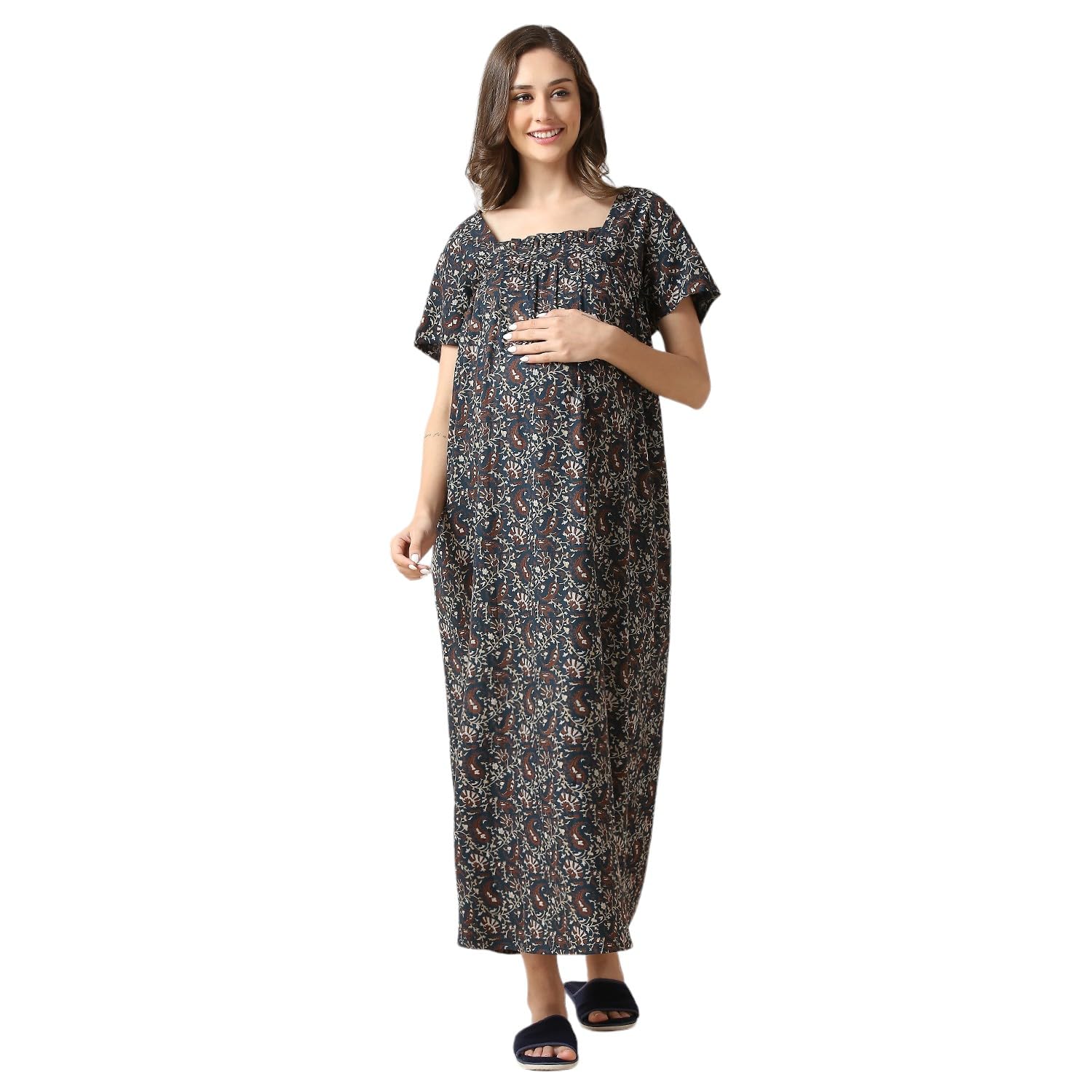 momtobe Women's Cotton Blend Maxi Maternity Nighty/Feeding Nighty/Pregnancy Night Gown/A-Line Nursing Nighty with Zippers for Nursing Pre and Post Pregnancy-picture-46