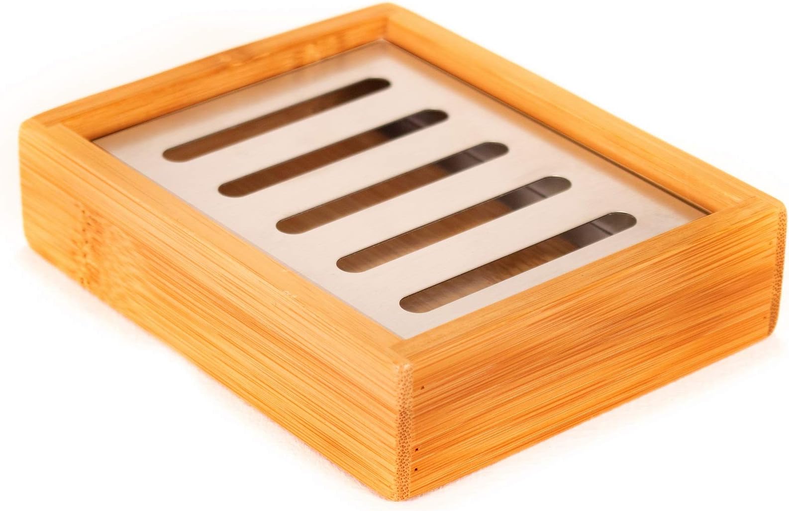Rovello Wooden Soap Dish for Kitchen & Bathroom Bamboo Soap Holder with Stainless Steel Drainer, Comes with Complimentary Nail Brush