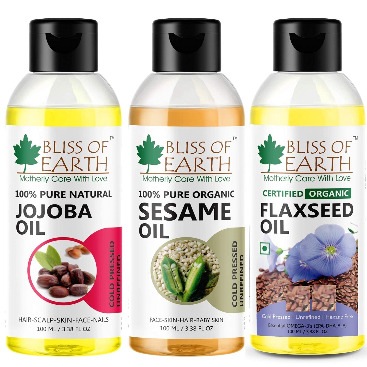 Bliss of Earth Combo of 100 Organic Sesame Oil, Jojoba Oil & Flaxseed