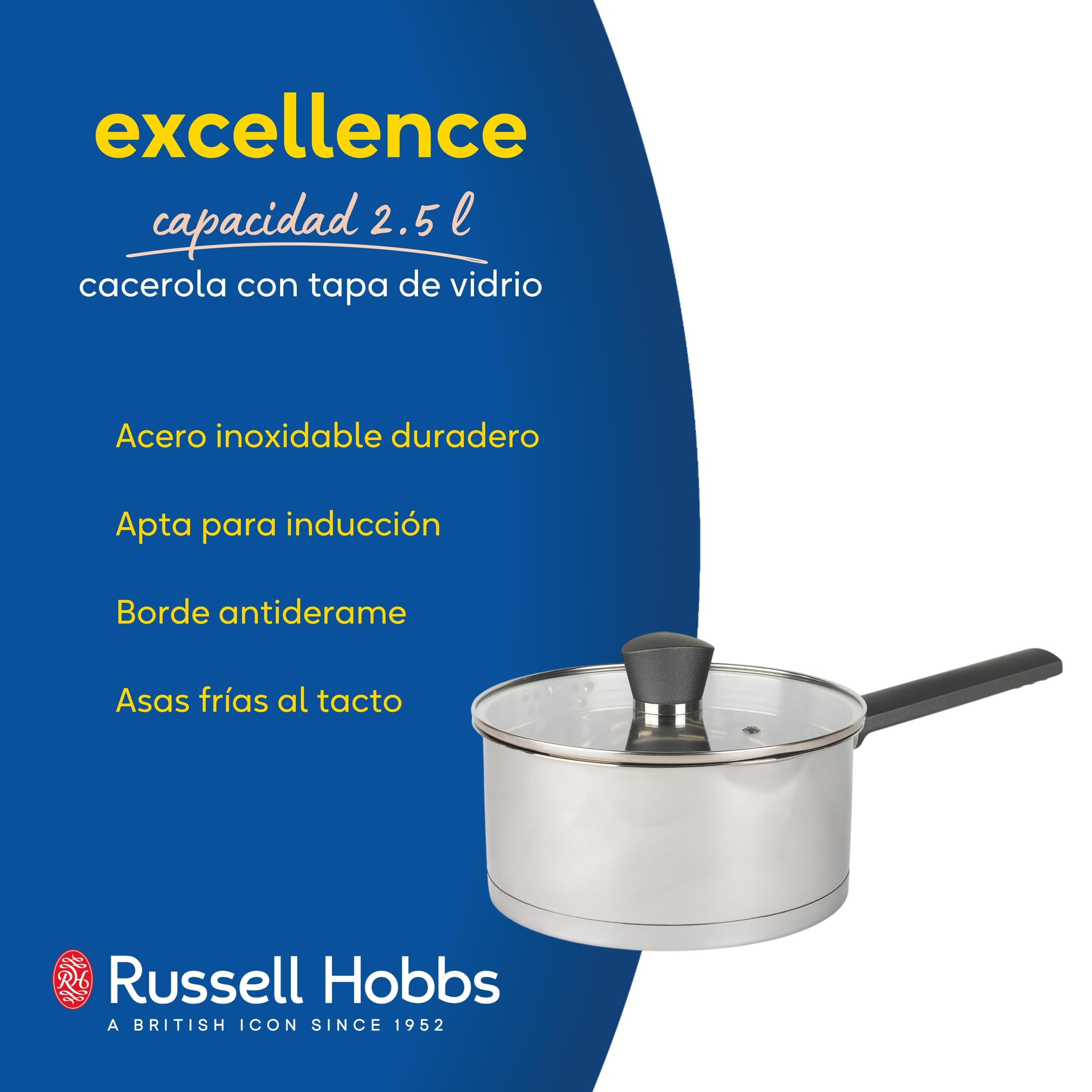 Russell Hobbs RH01164EU Excellence Cazo Con Tapa - 20 cm, Hecho De Acero Inoxidable Y Acabado Con Pulido Espejo, Apto Para Placas De Inducción Y Lavavajillas, Tapa De Vidrio, Libre De PFOA