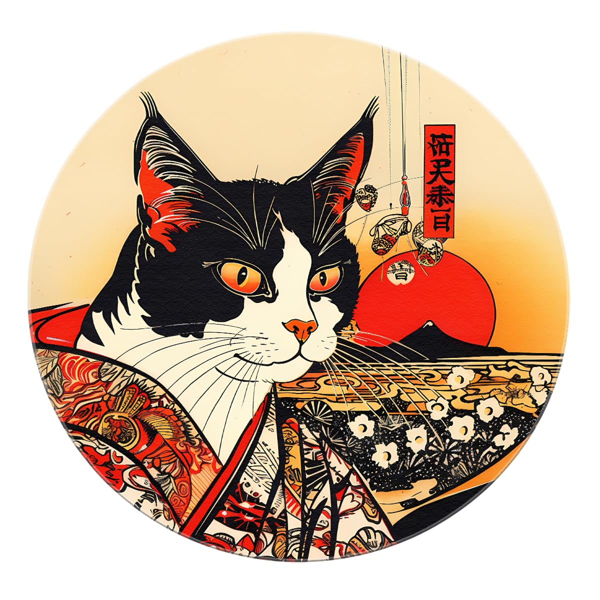 Okrągłe dywaniki ukiyo-e 90 cm okrągły dywan antypoślizgowy zmywalny japoński kimono wzór czerwony kot góra fuji duży okrąg do gabinetu balkon jadalnia