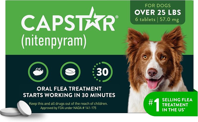 Capstar para perros (nitenpiram), tratamiento oral contra pulgas de acción rápida para perros de más de 25 libras, las tabletas de medicamentos contra pulgas recomendadas por veterinarios comienzan a matar en 30 minutos, 6 dosis | Ideal para perros de más de 25 libras; tableta oral, sin ensuciar; 6 dosis; Eliminación rápida de pulgas