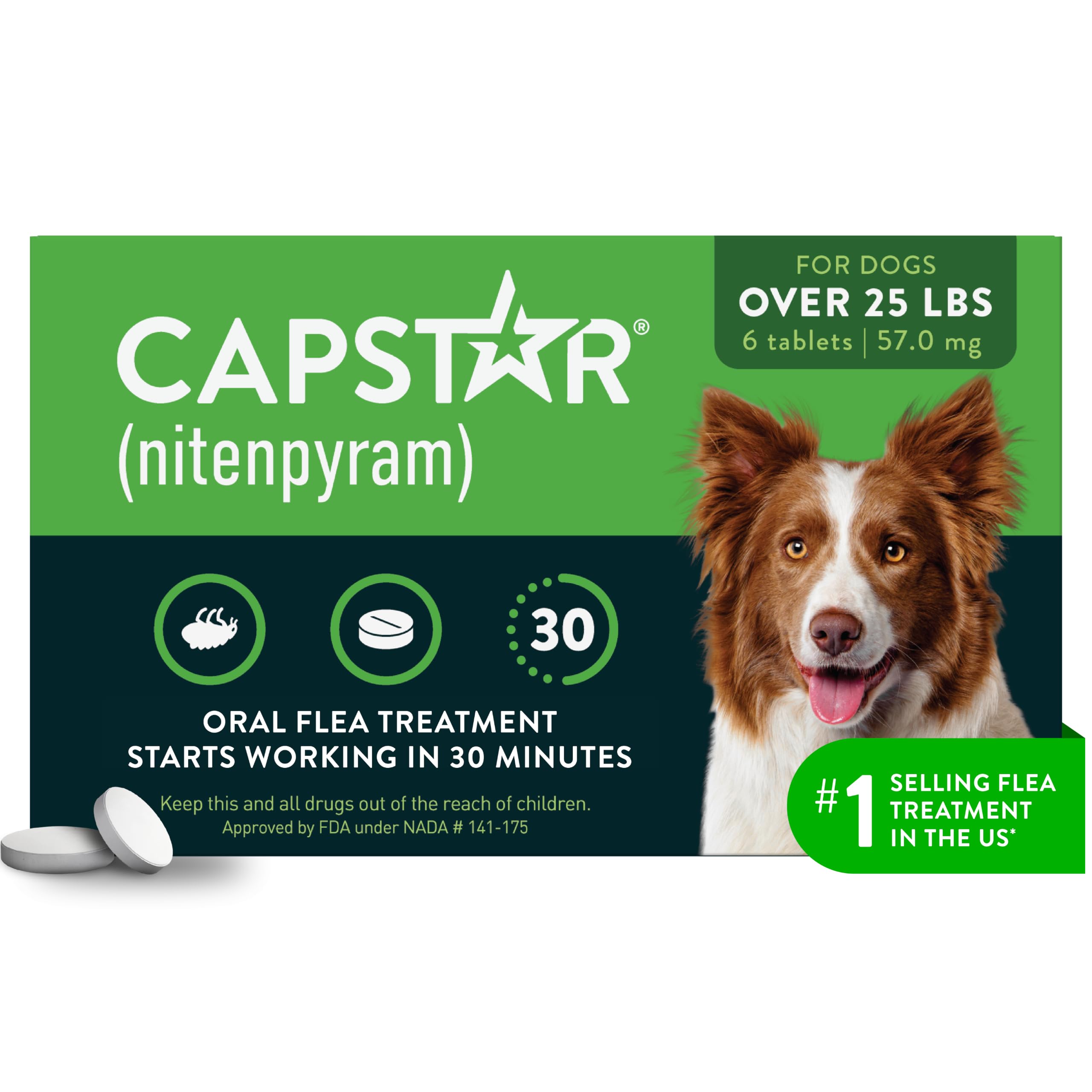 Capstar for Dogs (nitenpyram), Fast-Acting Oral Flea Treatment for Dogs Over 25+ lbs, Vet-Recommended Flea Medication Tablets Start Killing in 30 Minutes, 6 Doses 6 Count Large Dog 25+ lbs