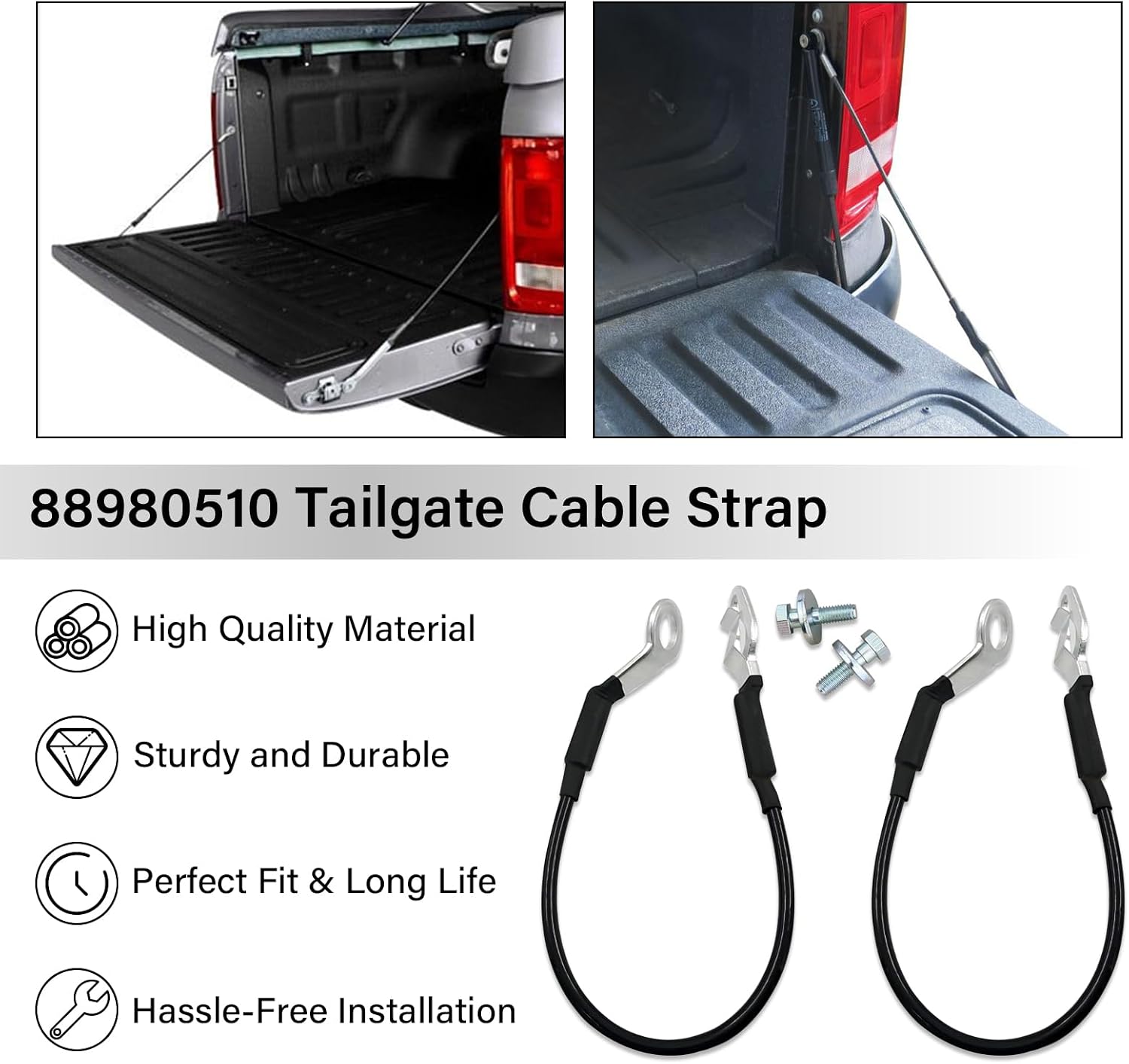 88980510 Tailgate Cable Strap with Bolt, Tailgate Parts, Fit for 1999-2007 Chevy Silverado Avalanche GMC Sierra 1500 2500 3500, Replace 88980509 11609938 (2 Pcs)