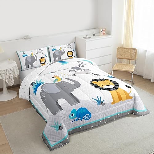 Miniatura 6 de Wild Animals Comforter Set,Lion and Monkey Bedding Set for Kids Girls Women,Adults Elephant Comforter,Geometric Stitching Quilted Duvet Set Bedroom