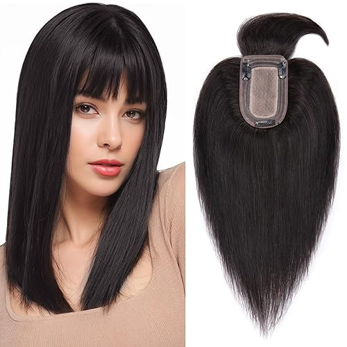 Benehair Peluca de cabello con clip y flequillo, peluca secreta 100% cabello humano con clip en la parte superior, extensiones de flecos, peluca de