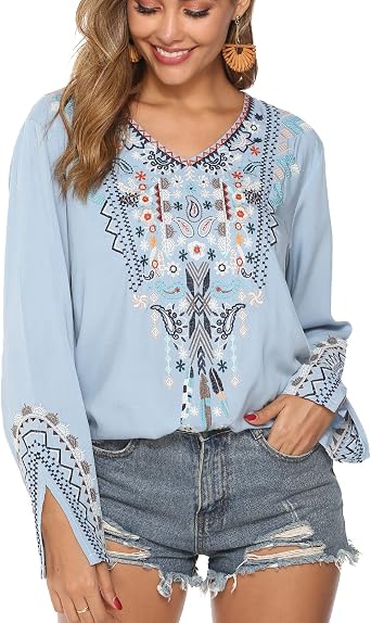 Higustar Womens Mexican Embroidered Tops Bohemian Blouses Traditional Boho Fall Tunic Long Sleeves Shirt Hippie Clothes