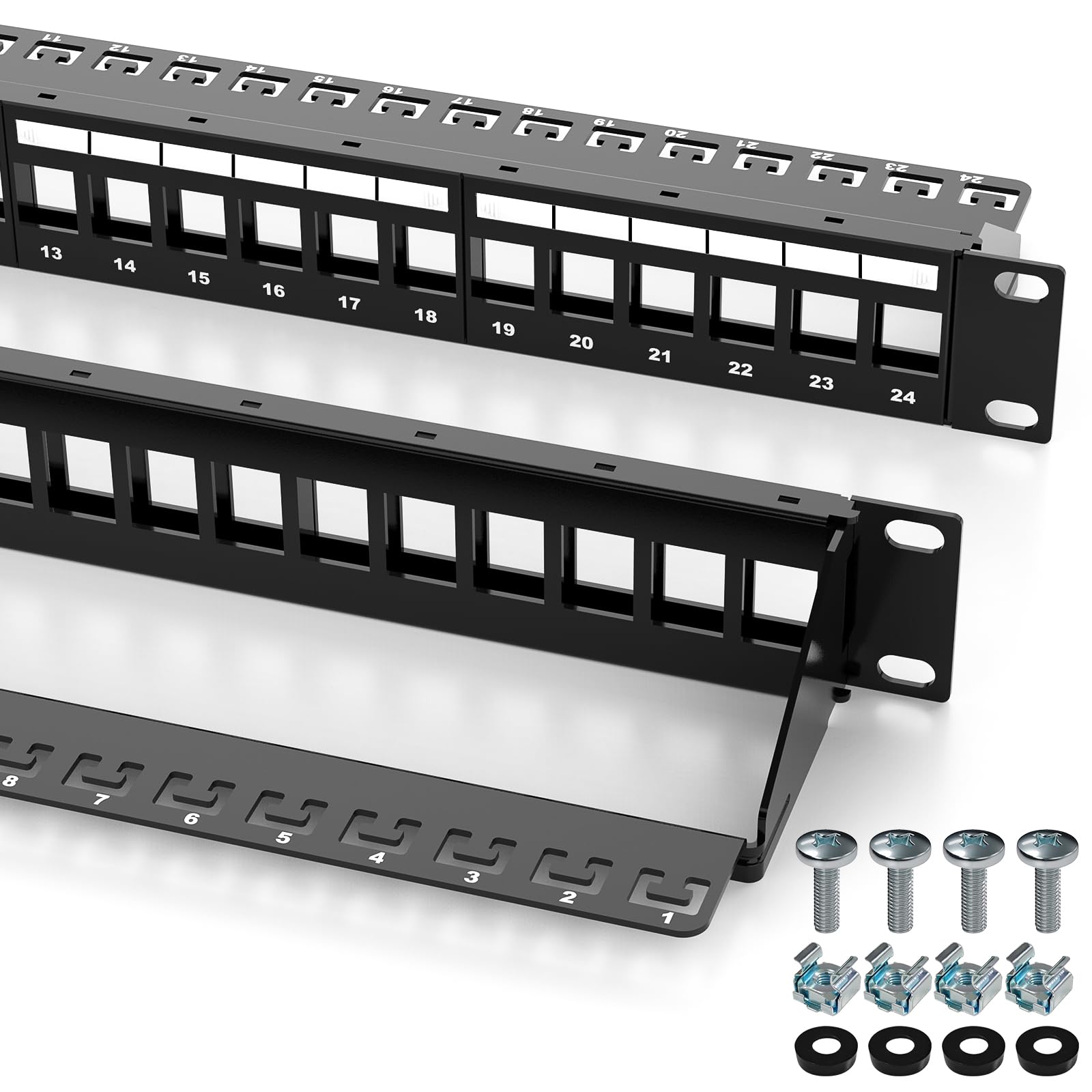 CAT6 1U 24-Port Keystone Patch Panel, Rackmount or Wall Mount Network Panel w/Cable Management Bar, All-in-One Ethernet & Multimedia Keystone Jack Solution, Durable Construction