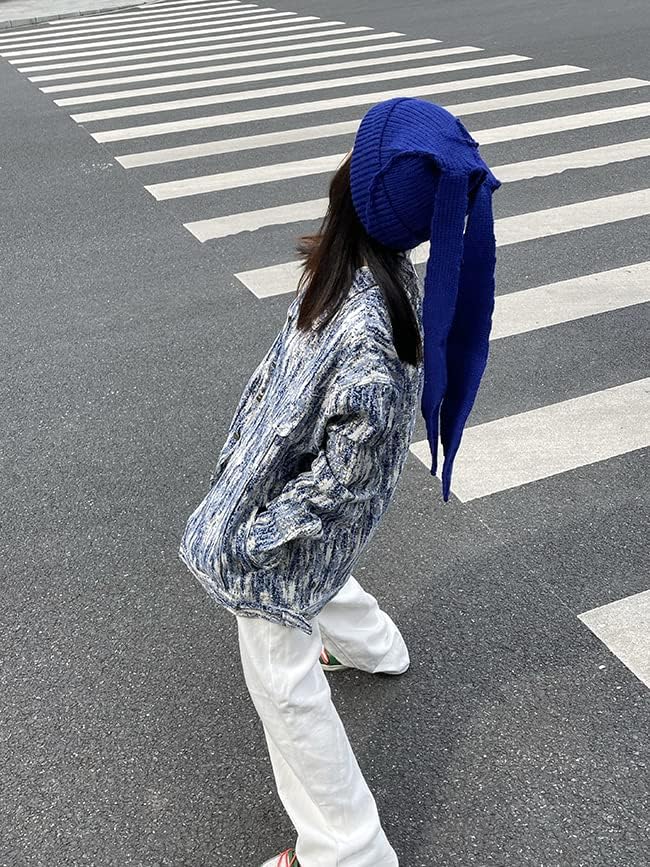 Color Block Knit Beanie Hats Cute Bunny Long Ears Grunge Hat Fluffy Winter Cap Warm Knit Rabbit Crochet Hat - Image 7