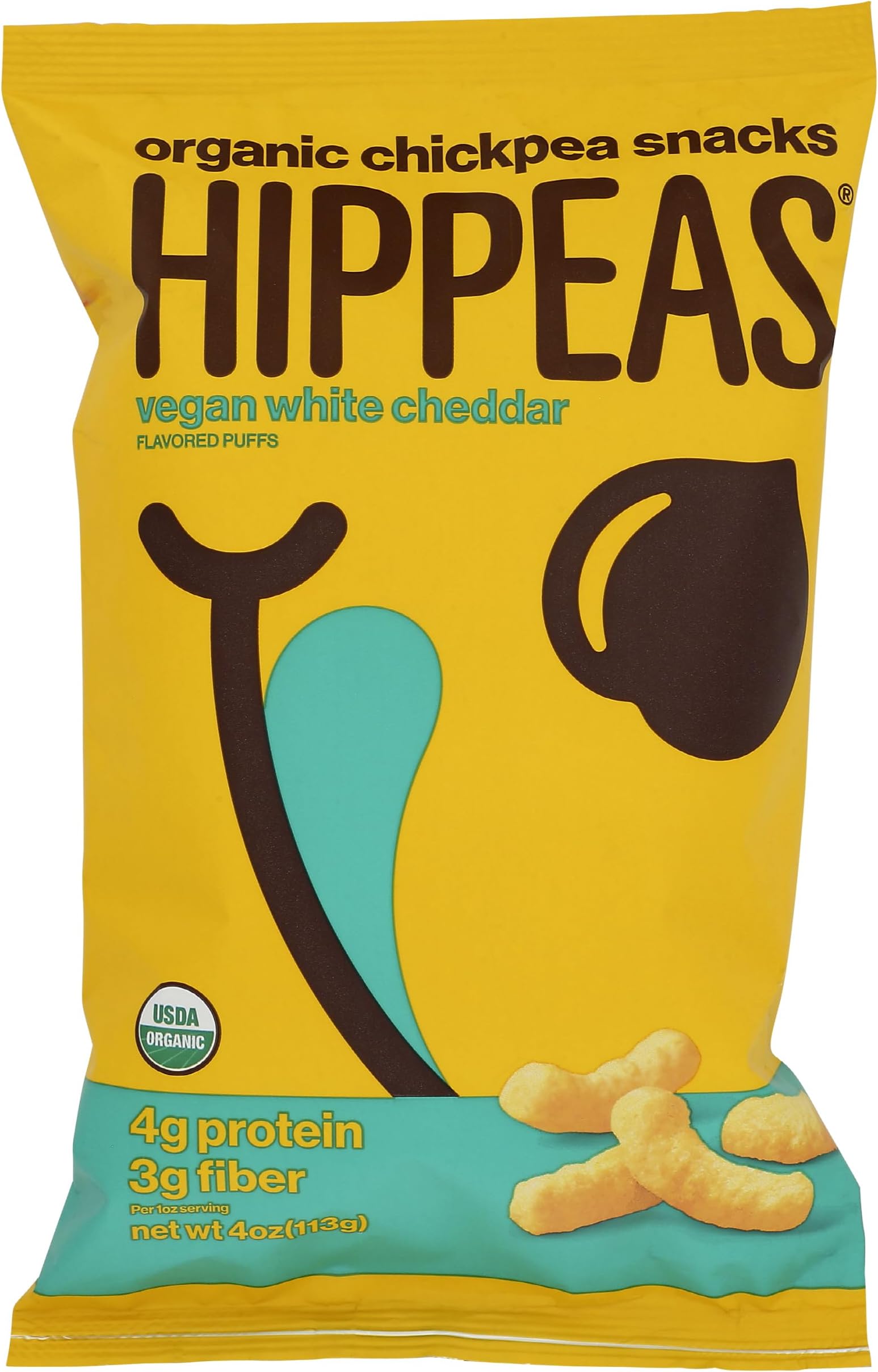 Hippeas Organic Chickpea Puffs, Vegan White Cheddar, 4 Ounce (Pack of 1), 4g Protein, 3g Fiber, Vegan, Gluten-Free, Crunchy, Plant Protein Snacks