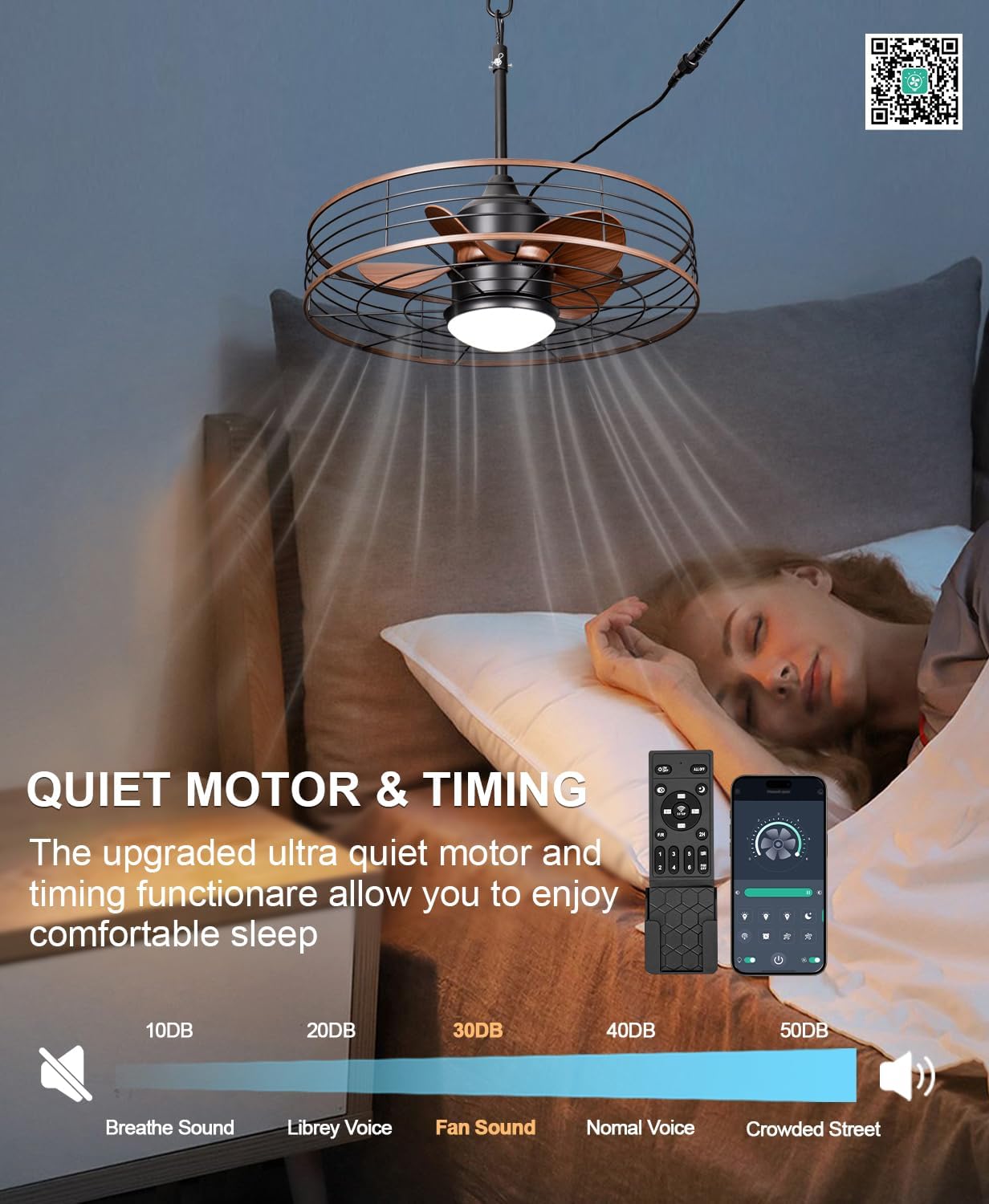 24 Inch Outdoor Waterproof Caged Ceiling Fan with 3 Color LED Light, App/Remote Control, Quiet DC Motor, Plug-in Cord Hook Installation,Gazebo Ceiling Fan with Light for Patios, Pergola, Canopy