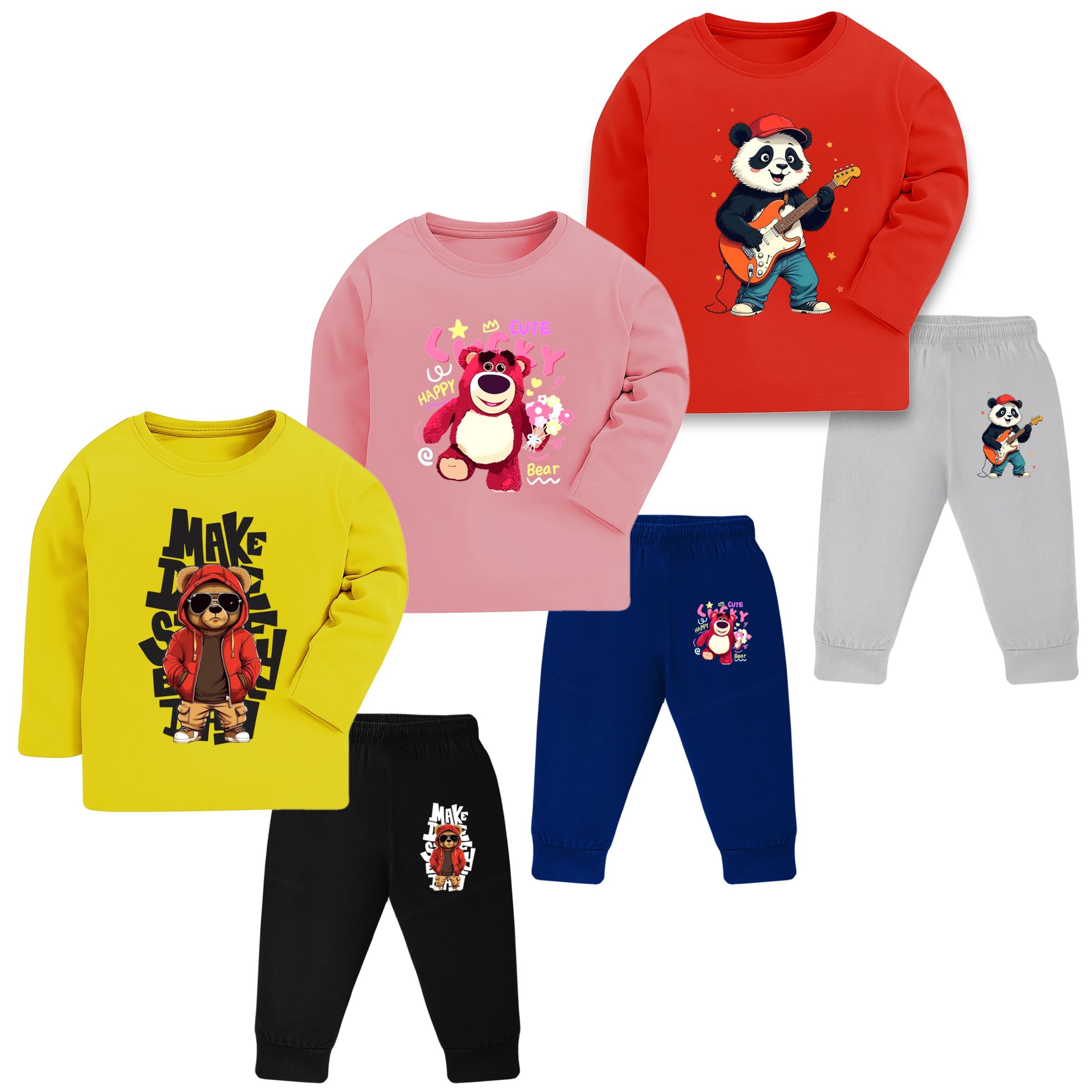 Trendy Printed Unisex Cotton Apparel Full Sleeve T-Shirt Pyjama Track Pant Combo for New Born Baby Kids Boy and Girl Clothing Set (Pack of 3)-image-41