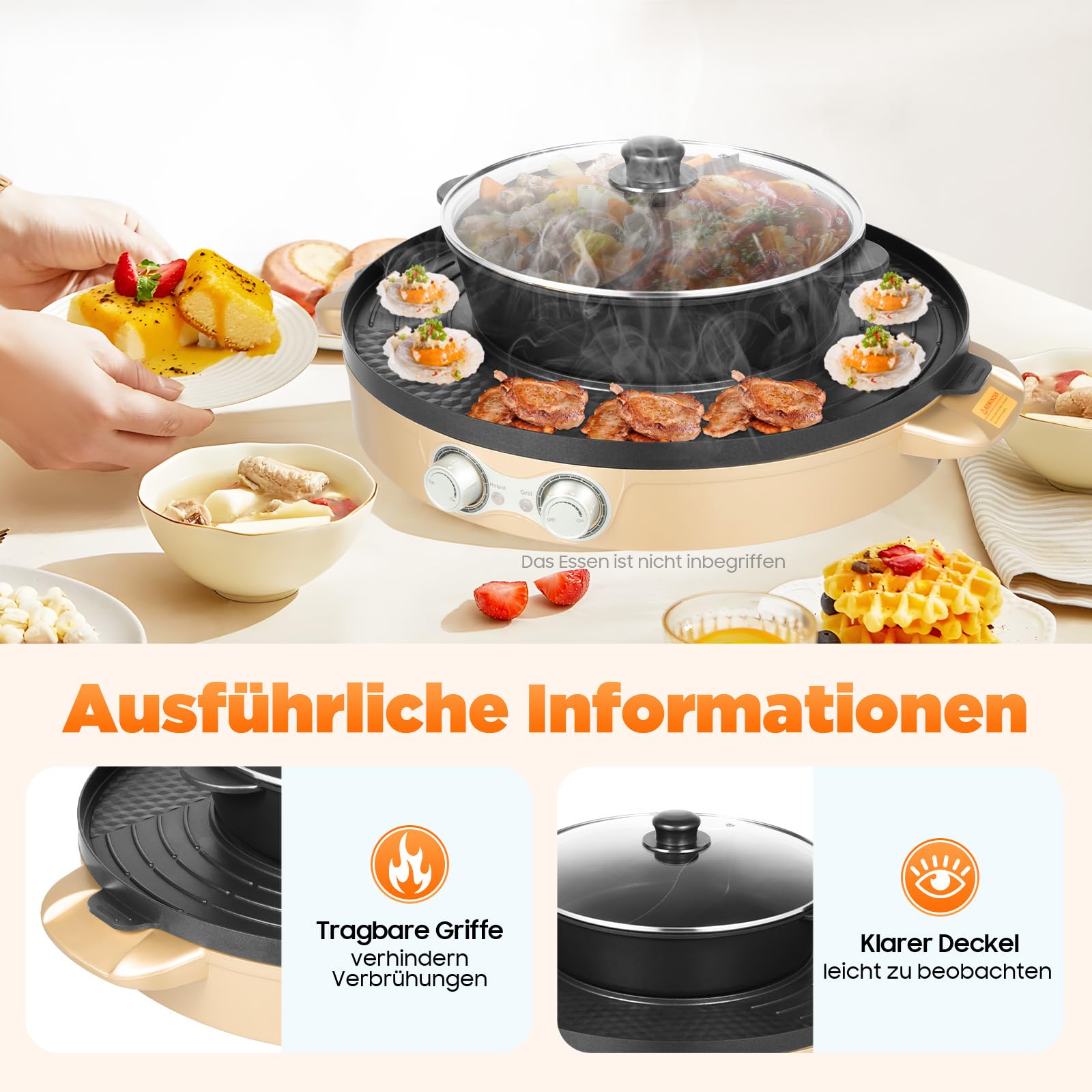 Hot Pot con grill elettrico Hotpot con vassoio raccogli grassi, dimensioni totali del prodotto 52 x 18,5 cm, per cottura bistecche, frutti di mare, carne, verdure, crostacei, pasta