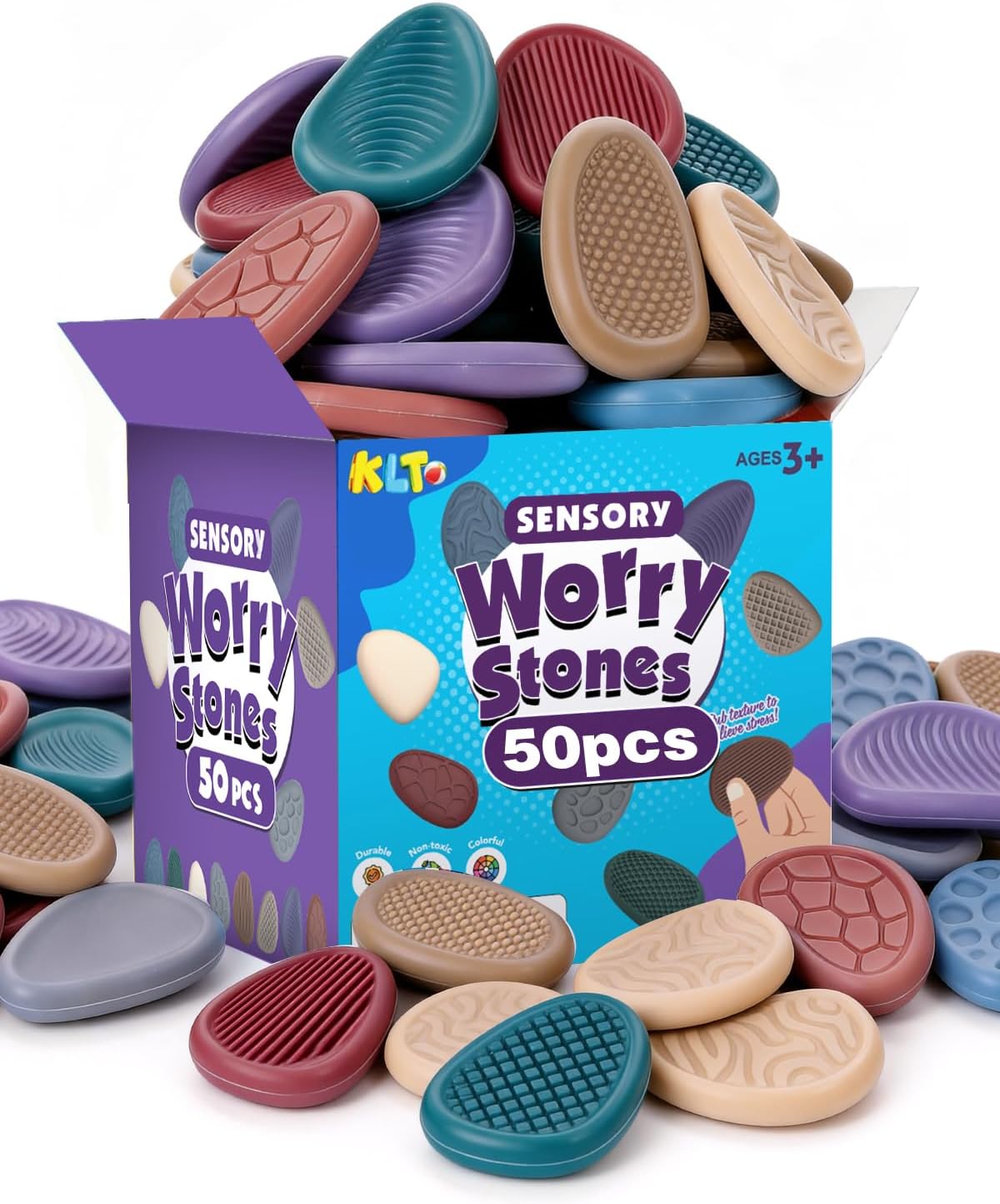 KLT Fidget Toys Bulk for Adults: 50 Pack Texture Worry Stone - Bulk Fidgets for Student Classroom Prizes - Quiet Stress Toys for Autism Calming - Goodie Bags Stuffers for Gifts Office