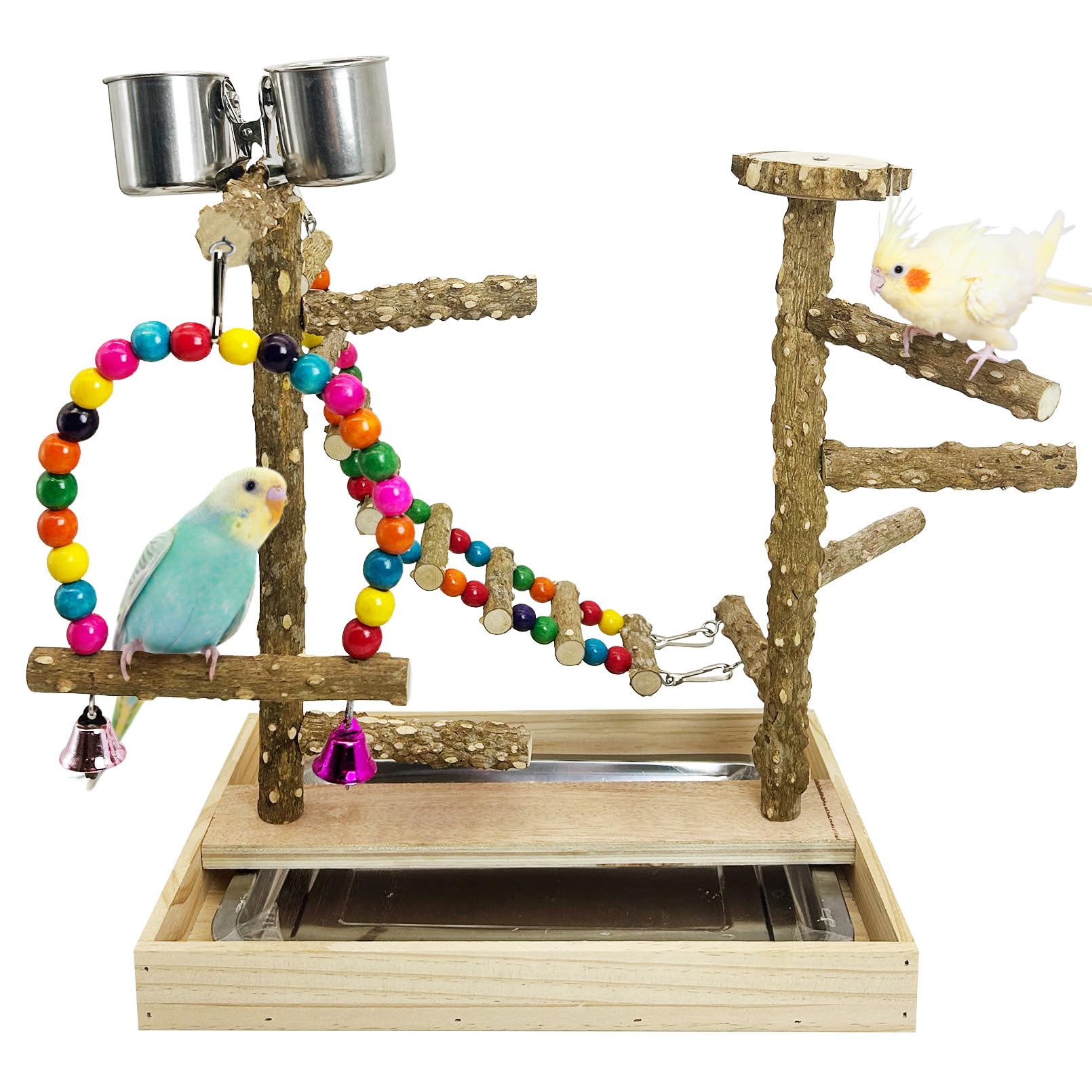 PINVNBY Bird Playground Natural Wood Bird Play Stand with Climb Ladder Swing Tray and Stainless Steel Cups Cage Accessories for Conure Cockatiel Parakeet Lovebird